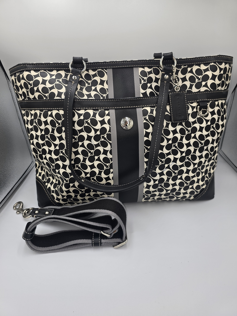 COACH F15134 Chelsea Heritage Signature Stripe Diaper Bag Lg Tote Blavk White **